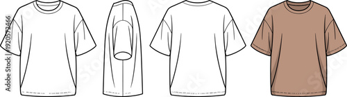 Oversized T Shirt CAD Drawing Front Back Sleeve Views Flat Fashion Template Casual Apparel Mockup Vector Illustration