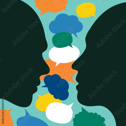 Two Heads Talking Dialogue Speech Bubbles. Illustration of Debate and Idea Exchange. Vector.