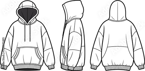 Oversized Hoodie CAD Drawing Front Back Side Views Outline Fashion Template Streetwear Apparel Mockup Vector Illustration