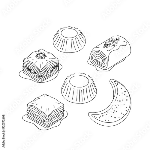 Dessert line art, vector illustration on white background desserts cakes pastries