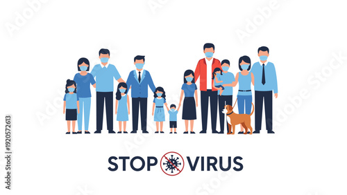 Diverse group of people and children wearing medical face masks for protection during a pandemic next to a stop virus warning sign.
