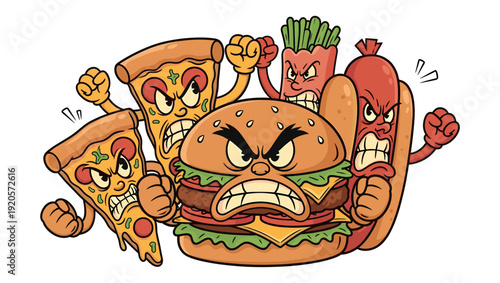 Angry fast food cartoon characters group including burger pizza fries and hotdog showing aggression