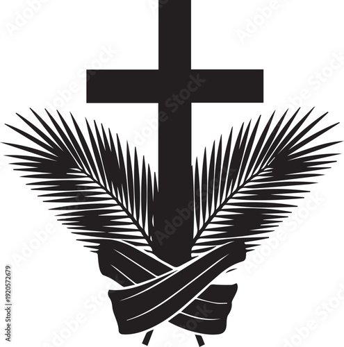 Cross with palm branches vector silhouette illustration religious line art