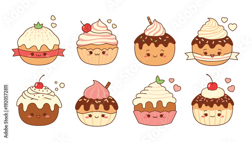 Collection of eight adorable cupcake characters with cute faces decorated with whipped cream cherries chocolate sprinkles and hearts.