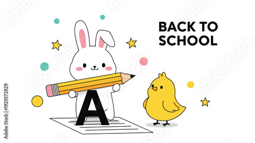 Adorable white rabbit holding a giant yellow pencil writing the letter A on a paper with a small yellow chick and stars on white background.