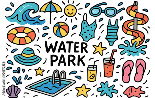 Colorful water park icons featuring pool, slides, and summer essentials