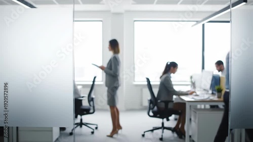 Wallpaper Mural Time lapse panoramic of a busy corporate office with diverse employees working. Multi-ethnic business people walking and sitting at desks in a modern open space interior Torontodigital.ca