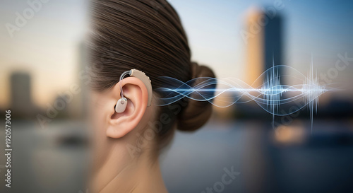 Modern hearing aid in woman s ear with abstract sound waves, blurred cityscape background for noisy environments
