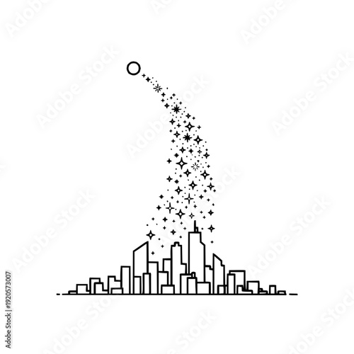 City skyline with fireworks exploding black line illustration vector white