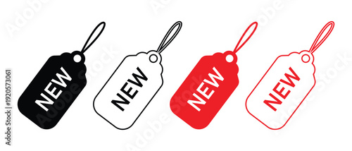 A set of four NEW tag icons in different styles, commonly used to highlight new arrivals or promotional items in marketing and e-commerce.