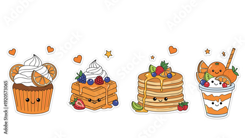 Set of four cute dessert stickers featuring a cupcake a waffle stack a pancake stack and a fruit parfait with smiling faces and fruit.