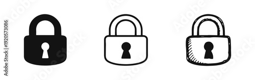 Padlock Security Icon Set in Solid, Outline, and Hand-Drawn Styles