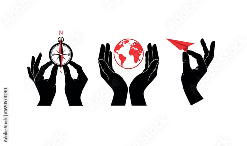 Global travel and navigation icon set featuring silhouette hands holding a compass, a world globe, and a paper plane, representing international exploration, protection, and guidance.