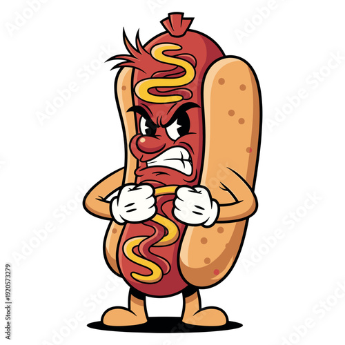 Angry hot dog mascot cartoon character vector illustration for food and drink concepts