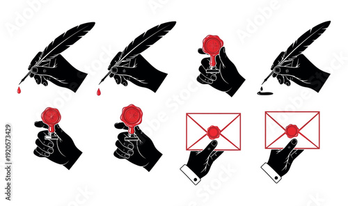 Vintage correspondence icon set featuring silhouette hands writing with quill pen, applying red wax seals to envelopes, and holding sealed letters; antique mail and communication concept.
