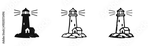 Lighthouse Icon Set for Navigation and Coastal Guidance in Different Styles