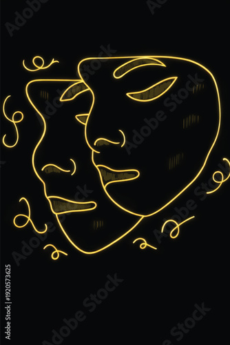 Glowing Neon Line Art of Overlapping Faces, Minimalist Golden Aesthetic Vector Illustration of Human Connection, Theatre Masks, Mental Health Duality, and Abstract Profile Silhouette.