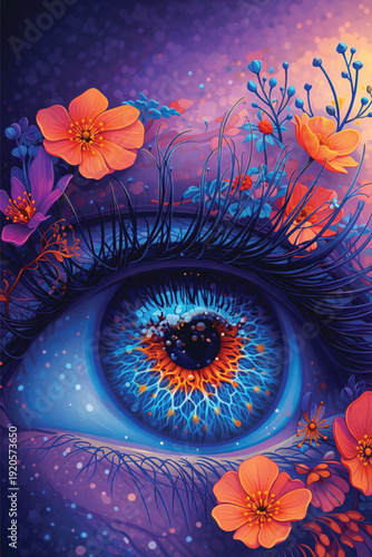 Surreal Fantasy Human Eye with Blooming Floral Eyelashes and Vibrant Cosmic Iris, Artistic Digital Illustration of Nature and Vision, Magical Dreamy Floral Eye Art with Orange Flowers and Blue Glow.