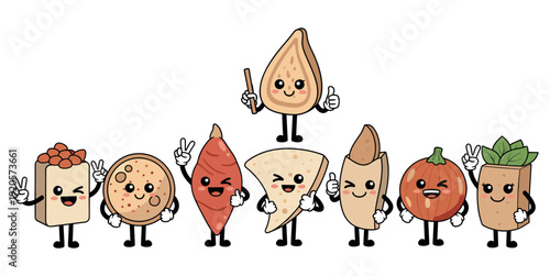 Cute happy cartoon food characters doing peace and thumbs up signs on white