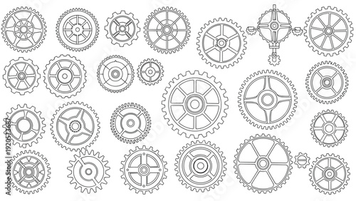 Intricate collection of mechanical gear and cog line art drawings in various sizes and styles representing machinery and engineering.