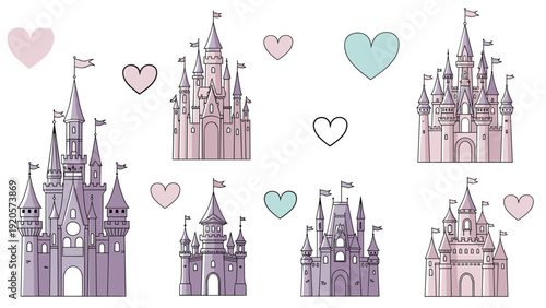 Collection of several magical fairy tale castle illustrations in soft purple and pink tones surrounded by pastel hearts on white background.
