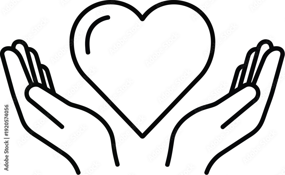 Obraz premium Two hands gently cradle a large heart shape, symbolizing care, protection, and emotional support in a simple outline graphic.
