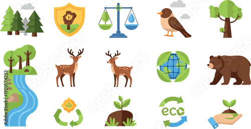 Whimsical deer and forest scene with river, trees, and autumn leaves vector illustration flat design