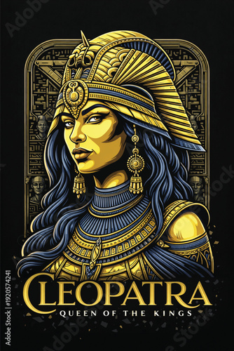 Gold Cleopatra Egyptian Queen Portrait - Intricate Vector Art Illustration of Ancient Egypt Royalty with Pharaoh Headdress and Ornamental Jewelry, Stylized Historical Goddess Graphic Design.