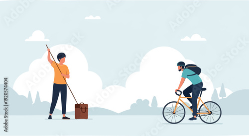 Person hiking with trekking poles through scenic mountain landscape, flat design vector illustration