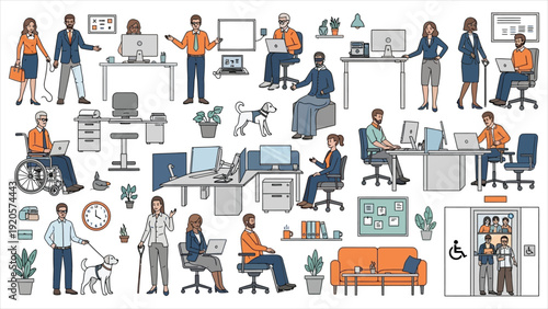 Diverse office workers interacting in a modern, accessible workspace. Illustration highlights inclusivity, workplace accessibility, and a collaborative business environment