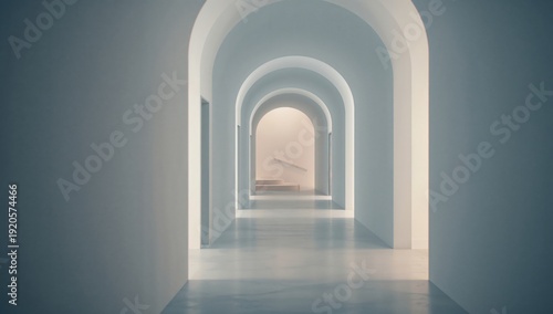 Light Shines Through Arches in a Hallway at a Modern Building in a Quiet Sett...