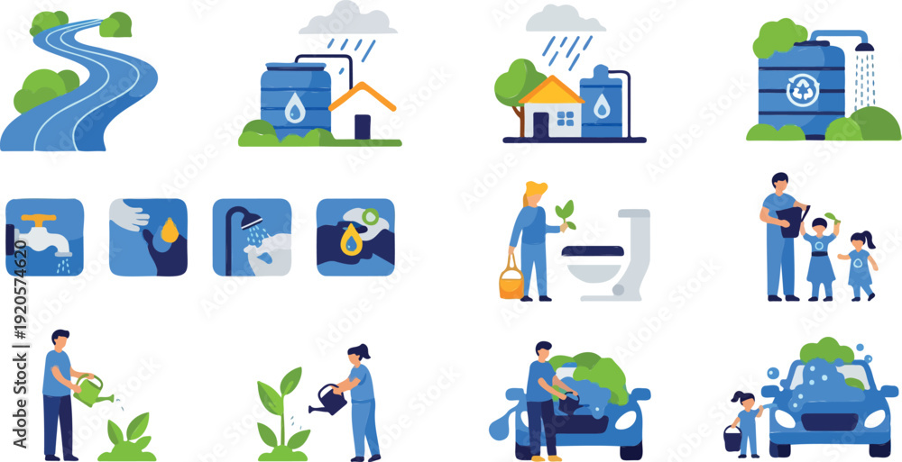 Fototapeta premium Water conservation awareness flat design vector illustration with recycling and gardening icons