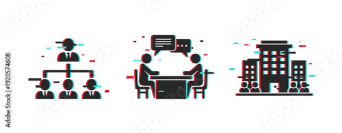 Abstract office icons depicting hierarchy, meeting, and company building