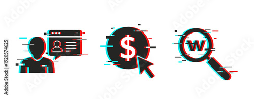 Glitch effect icons: user profile, dollar click, magnifying glass