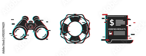 Futuristic icon set featuring binoculars, lifebuoy, and financial report with glitch effect