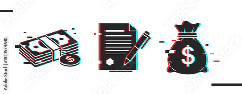 Abstract financial icons: stacks of cash, signed contract, and money bag in digital glitch art