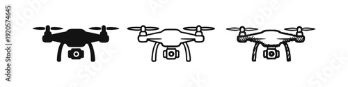 Drone icon set with camera. UAV or quadcopter symbol in solid, outline, and hand-drawn styles.