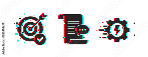 Digital strategy icons: target, communication, efficiency with glitch effect