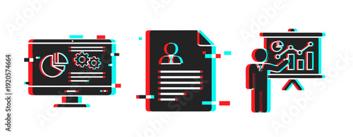 Vector glitch icons: computer, document, and presenter with charts