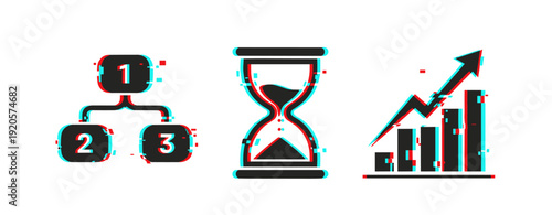 Digital glitch icons: timeline, hourglass, arrow graph with 3d effect