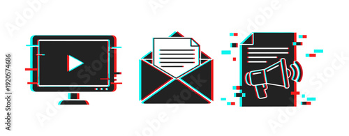 Digital communication icons: media player, email, megaphone with glitch effect