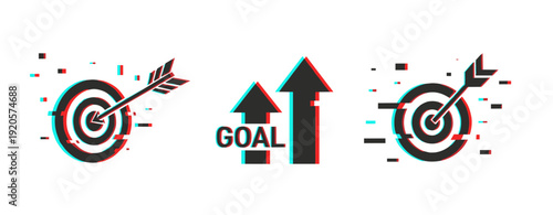 Glitch effect illustrations: arrow and goal symbols with digital distortion