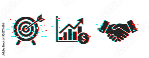 Glitch effect icons of target, graph with dollar, and handshake