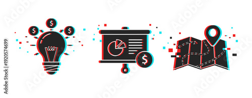 Innovative business strategy symbols featuring light bulb, presentation, and map icons