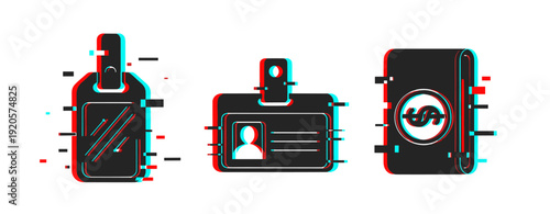 Futuristic glitch effect on id cards, keycards, and wallet icon designs