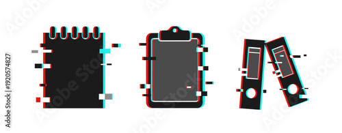 Glitch art of notebook, clipboard, and binders with digital distortion