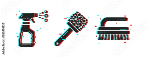 Glitch effect on cleaning tools: spray bottle, sponge, and brush
