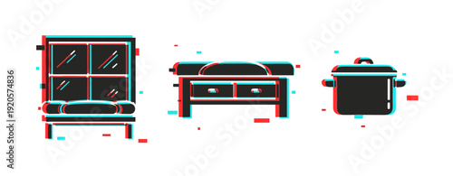 Stylized glitch art of home furniture and kitchen utensil icons