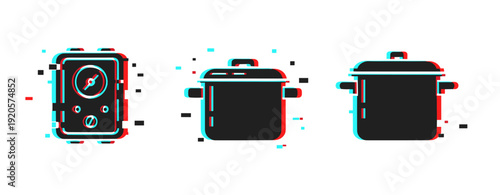 Glitch art: stylized pressure cooker icons with retro aesthetic