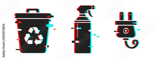 Glitch art: recycling bin, cleaning spray, and power plug icons